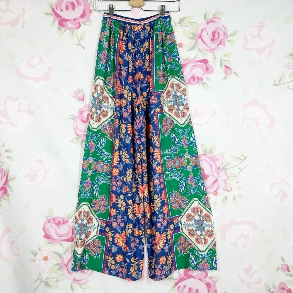 Flying Tomato Bohemian Blue and Cream Floral Wide Leg Pants S - Picture 4 of 6